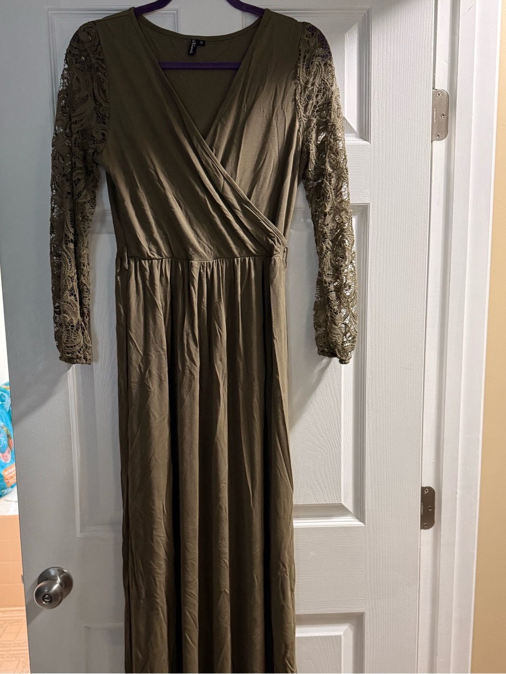 Olive Green Lace-Sleeve Wrap Maxi Dress